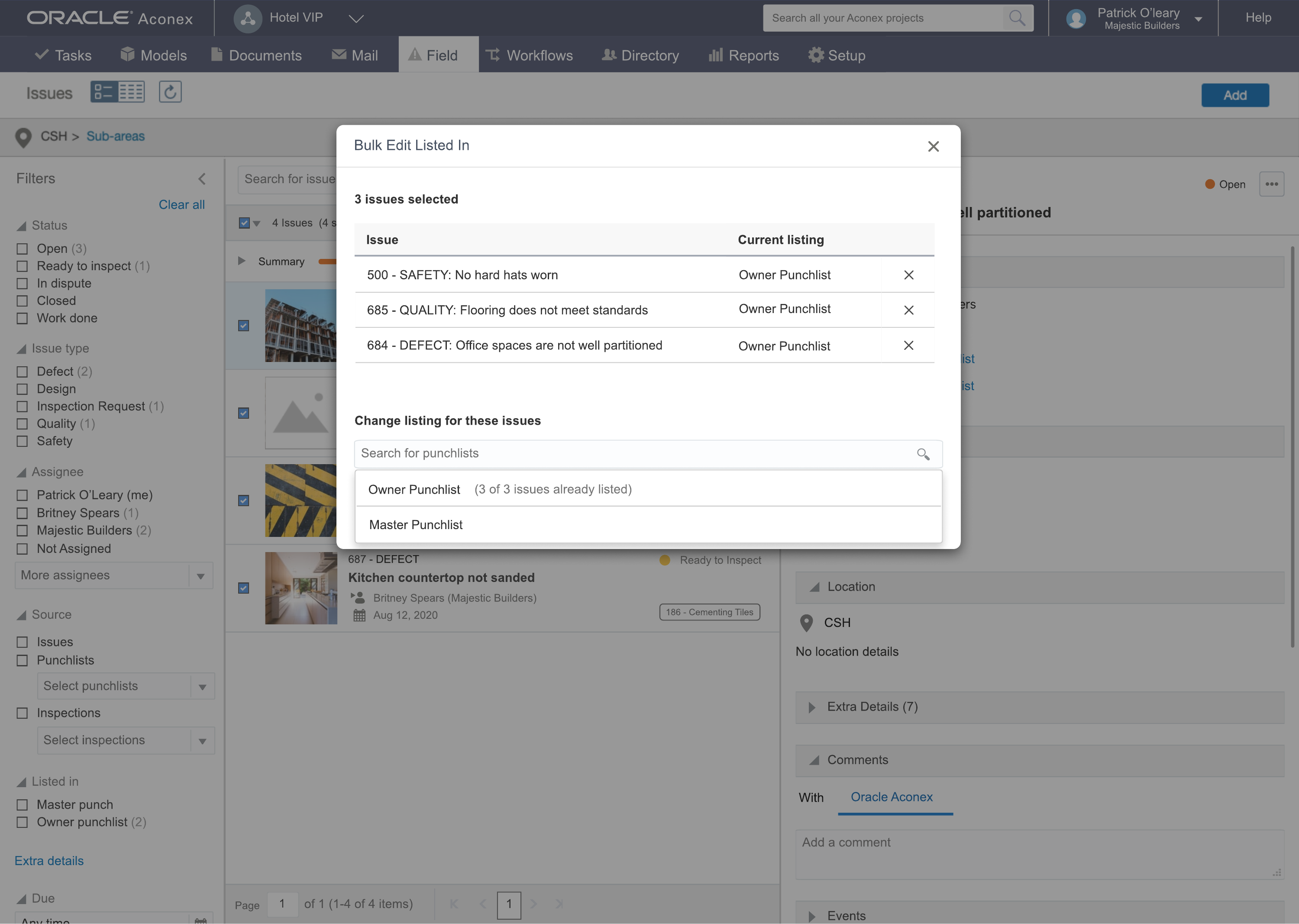 Bulk Edit Listed In modal for reassigning three selected issues.