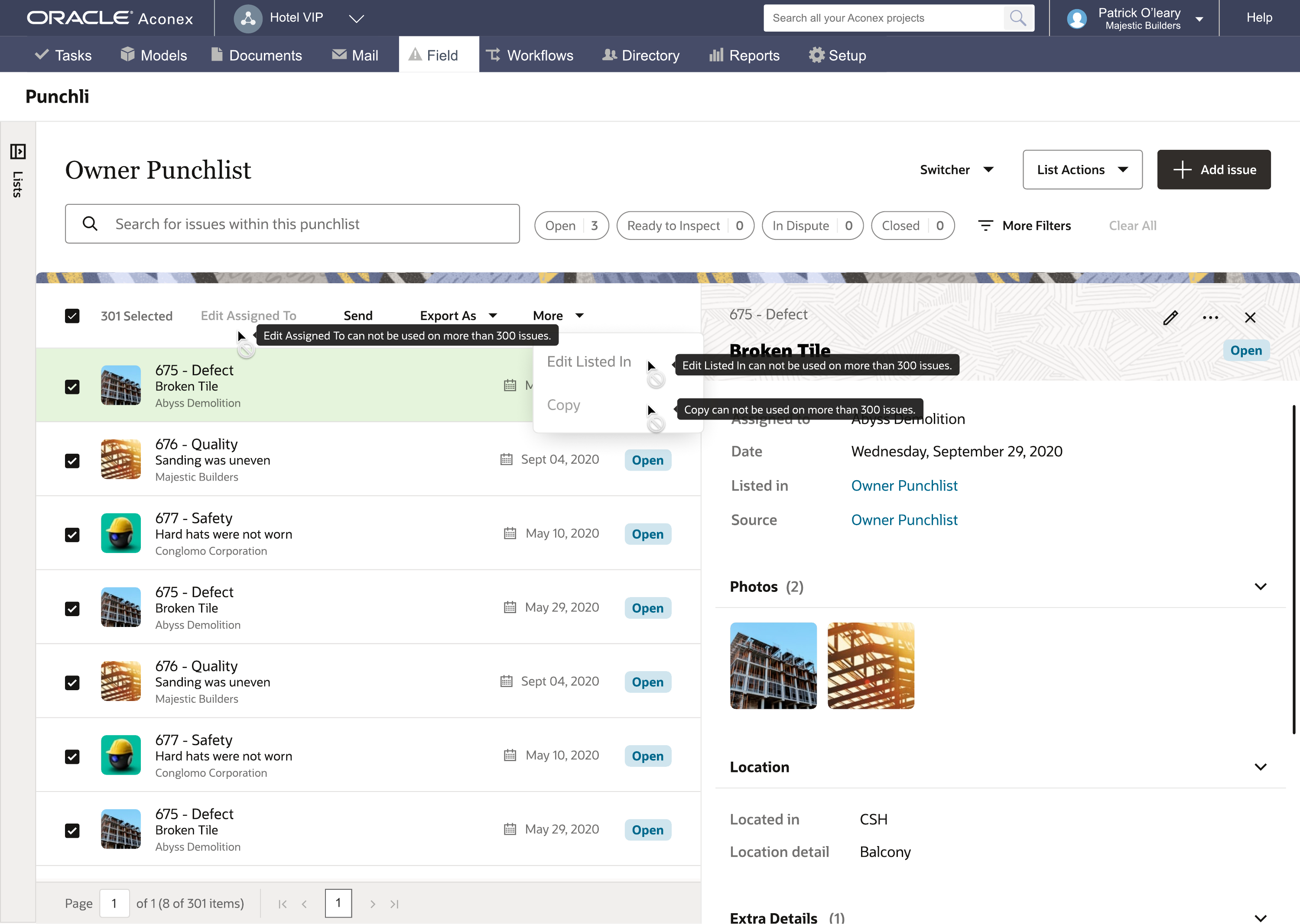 Bulk selection with 301 issues and constraint tooltips at enterprise scale.