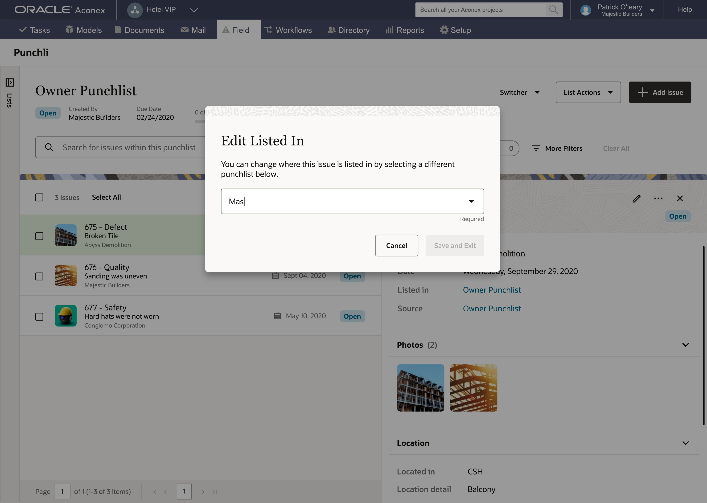 Edit Listed In modal over punchlist master-detail view.