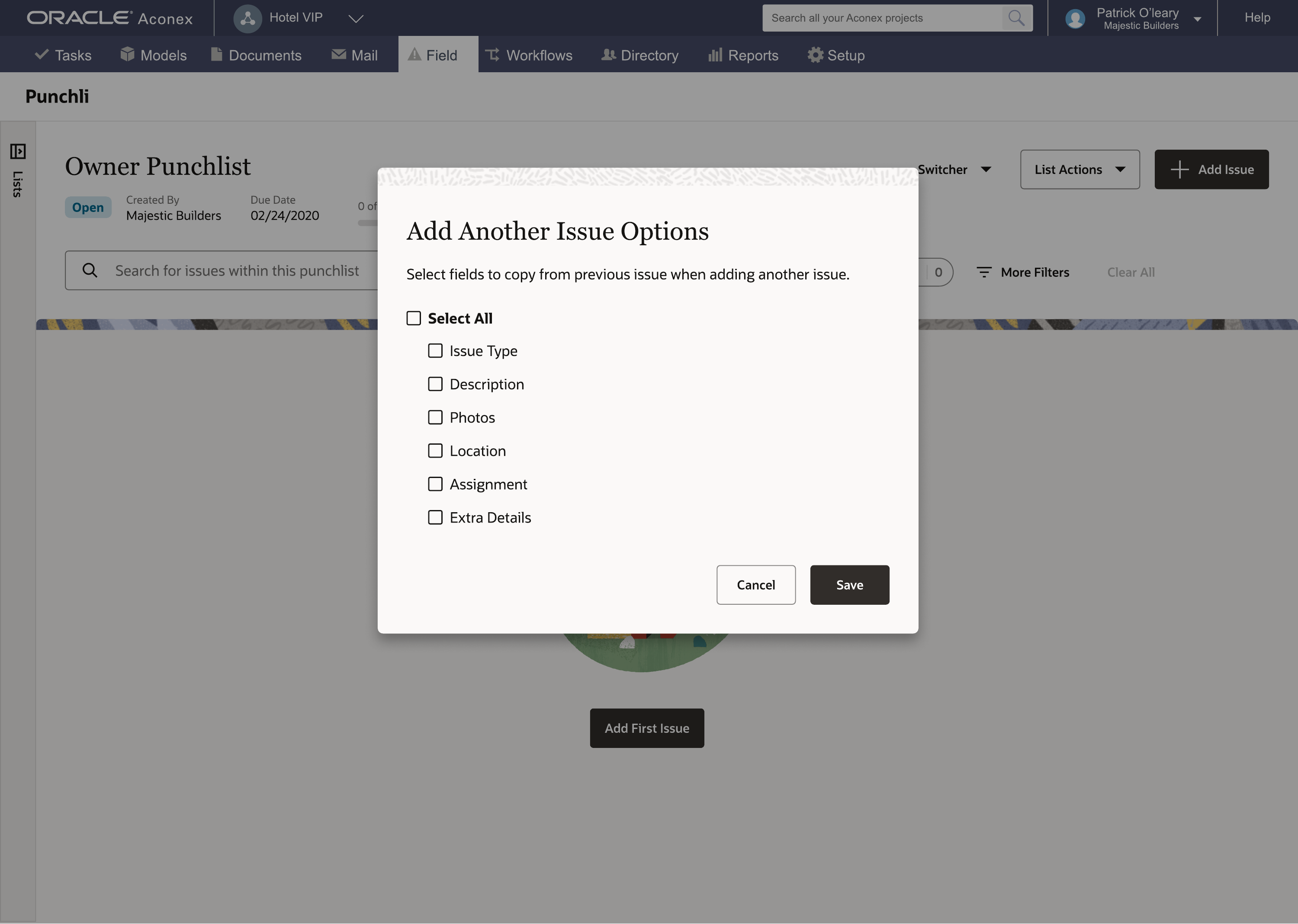 Empty punchlist with Add Another Issue Options modal for copying fields from a previous issue.