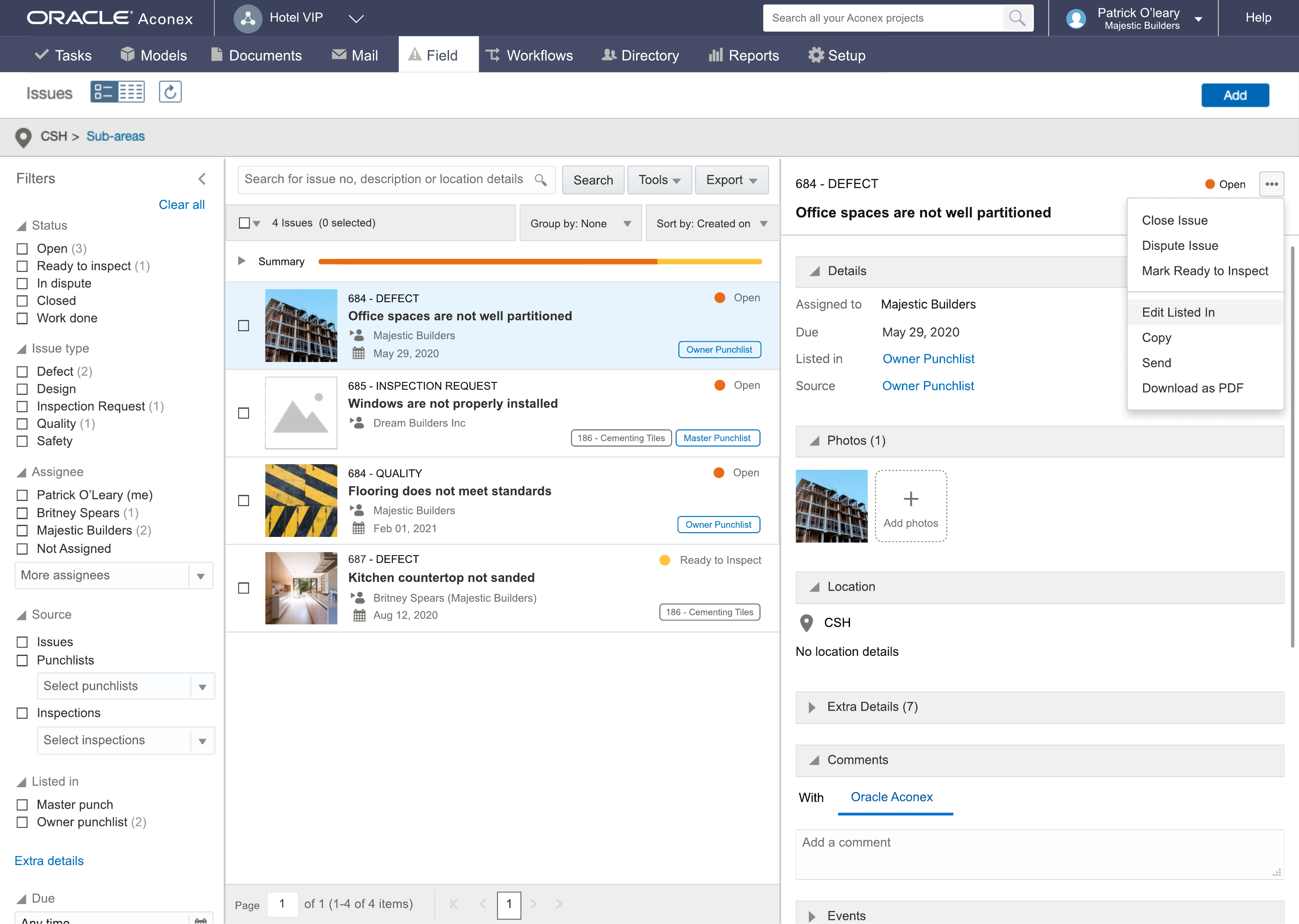 Aconex Field Issues module with filter sidebar, issue list, and inline detail.