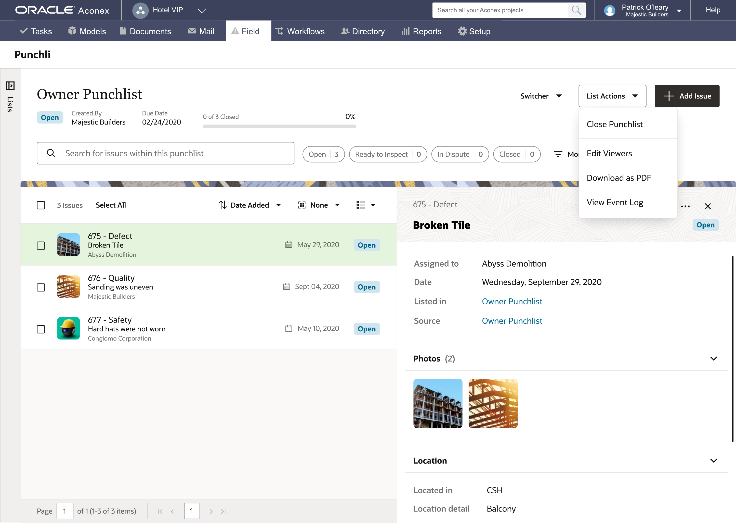 Owner Punchlist with List Actions dropdown open.