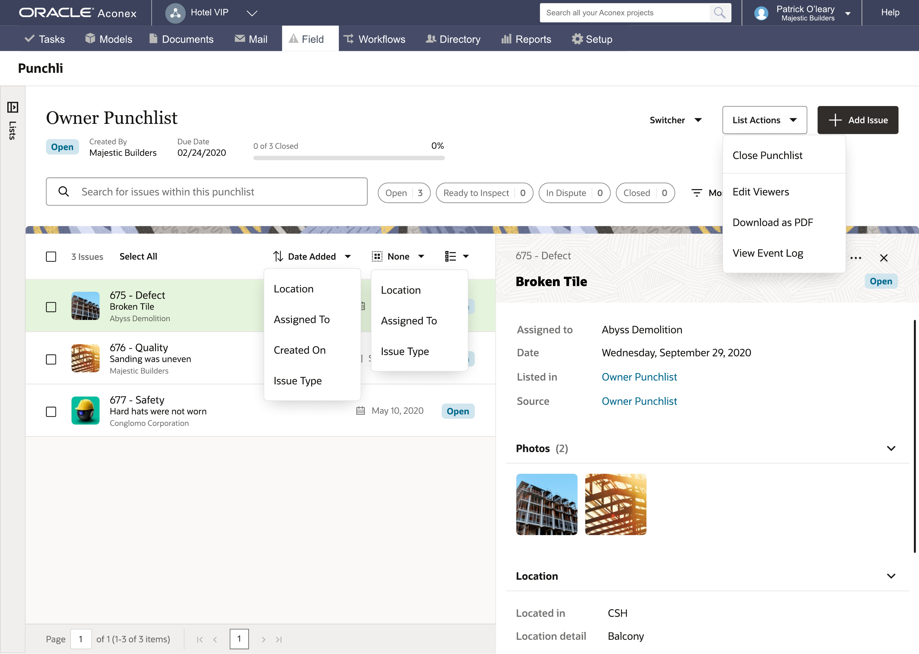 Oracle Redwood Owner Punchlist desktop UI: filterable issue list with inline detail pane, photos, and location.