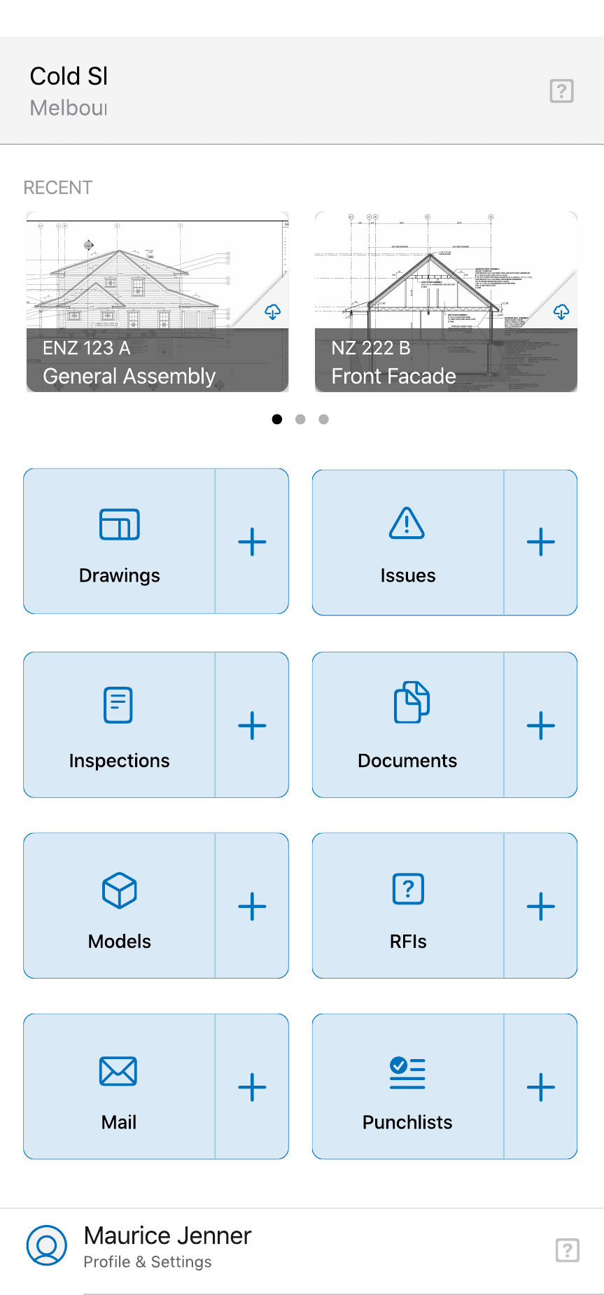 Mobile concept field home with Drawings, Issues, Inspections, Punchlists, and quick-create tiles.