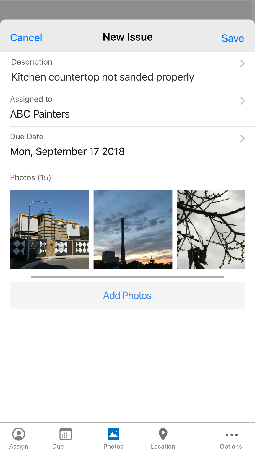 Mobile New Issue form with photos, location, assignment, and due date.