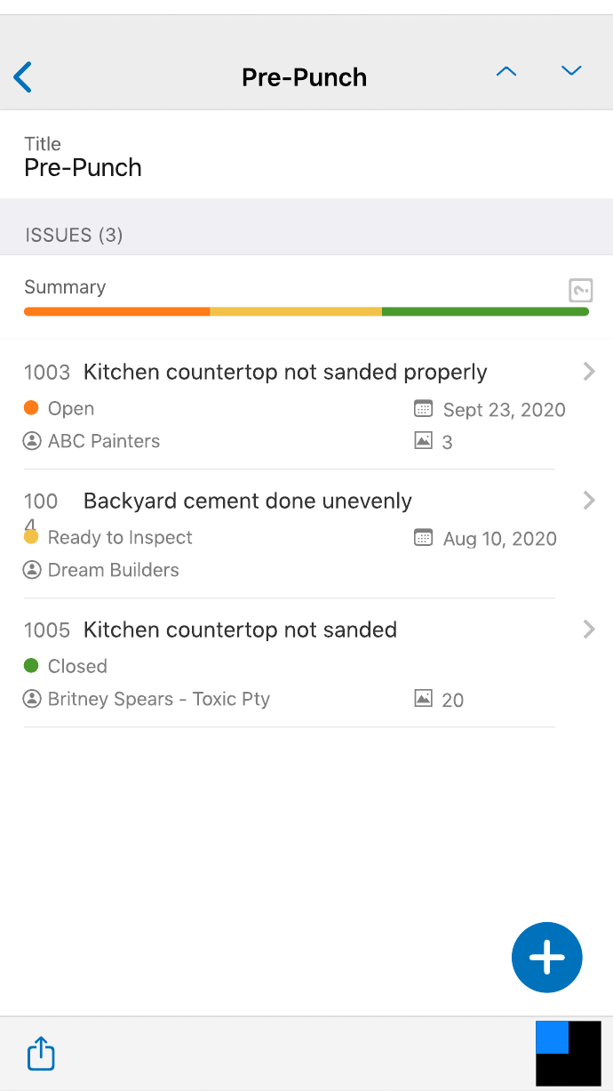 Future-state Pre-Punch punchlist with status summary bar.