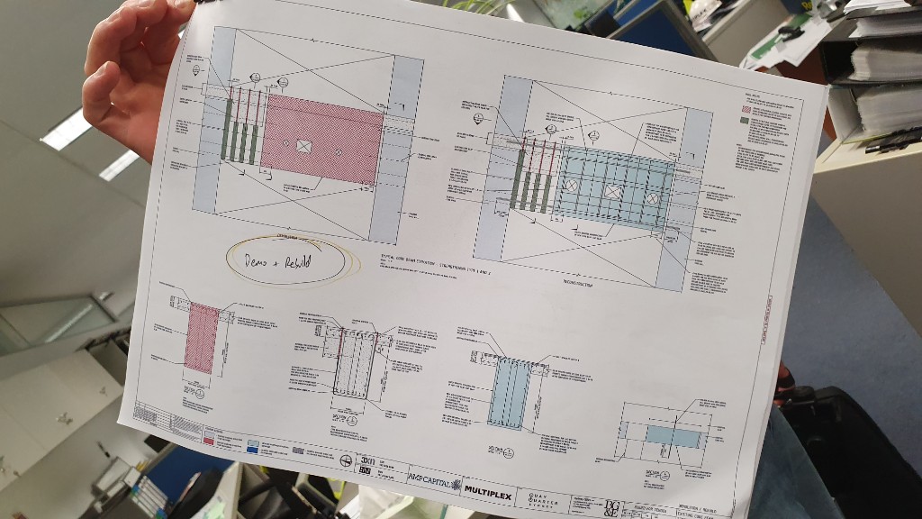 Annotated structural drawing with Demo plus Rebuild markup.