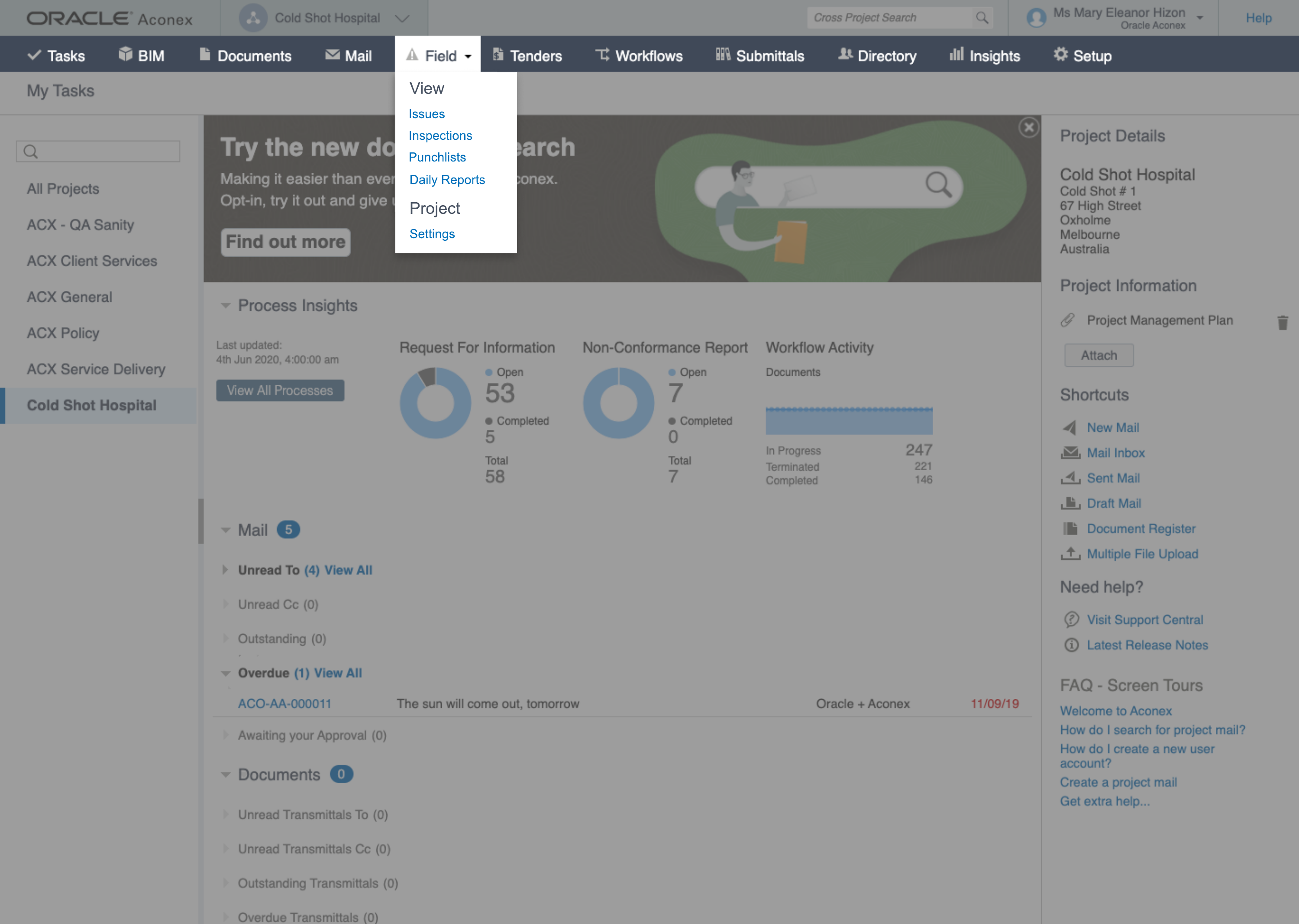 Existing Aconex Field desktop UI with punchlists nested inside a Field dropdown menu.